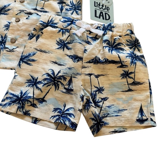 Little Lad 12M Baby Boy Outfit 2PC Set Blue beige Palms Tropical Nautical - Picture 2 of 5